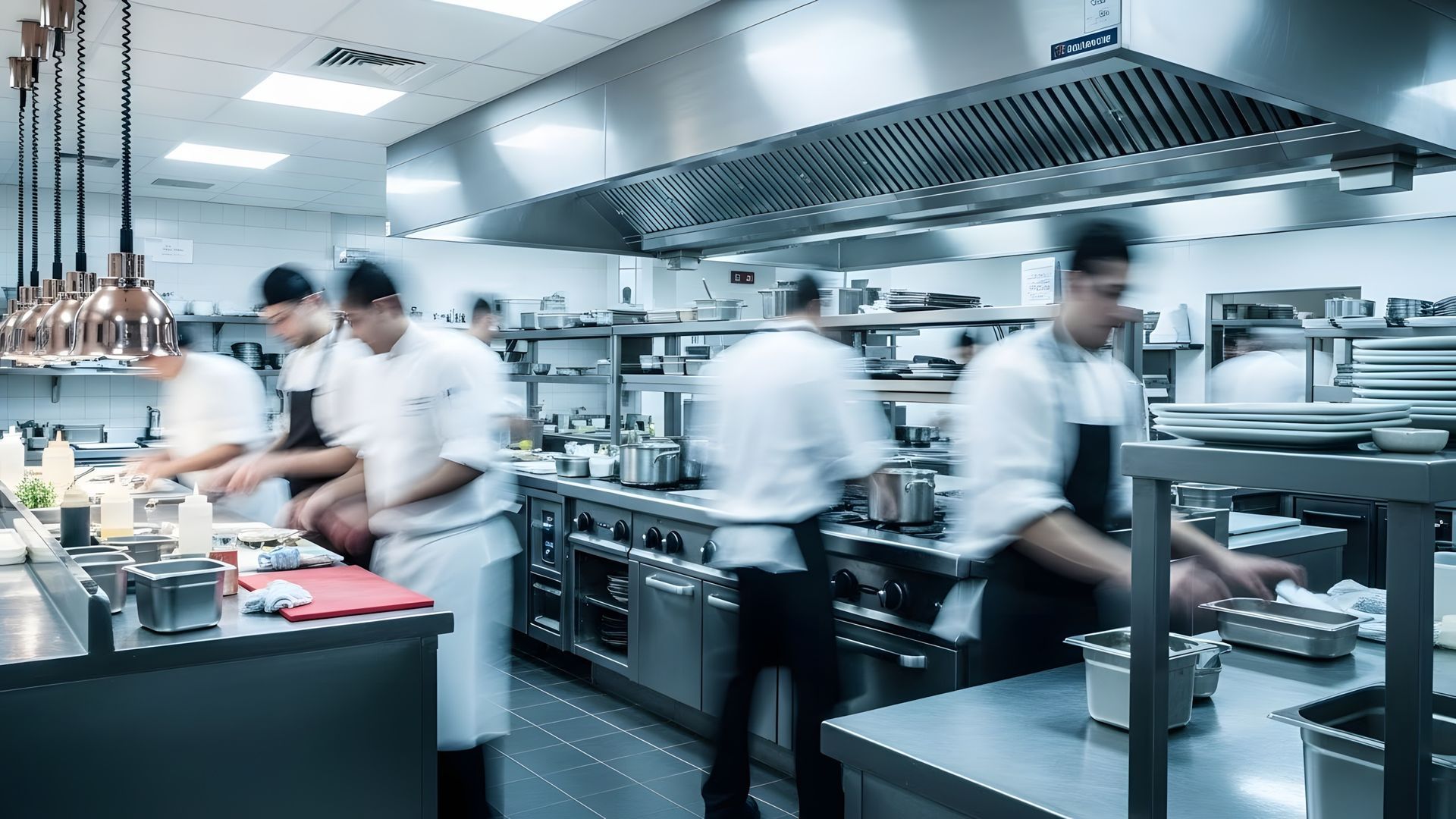 Busy commercial kitchen with chefs working at stainless steel counters under bright overhead ventilation.