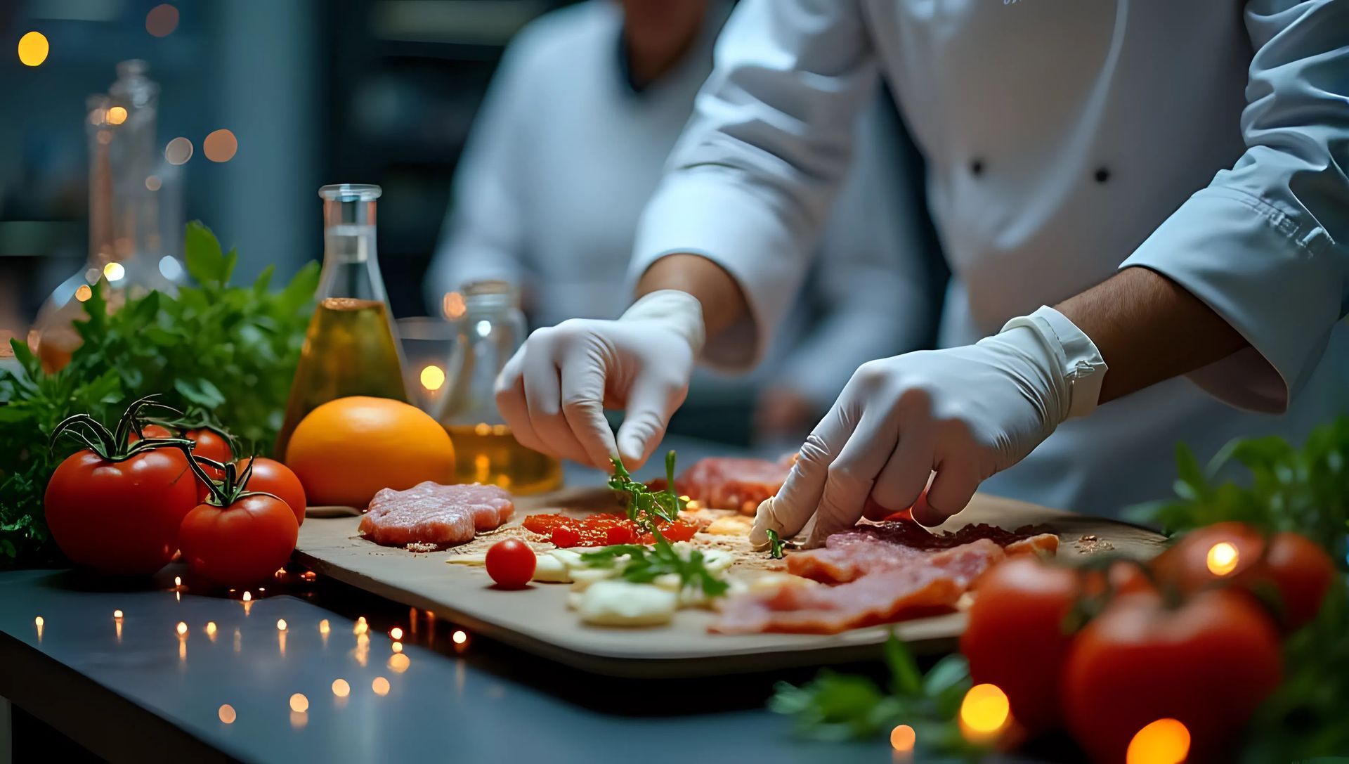 Chef arranging ingredients on a cutting board with tomatoes, herbs, oranges, and spices in a kitchen