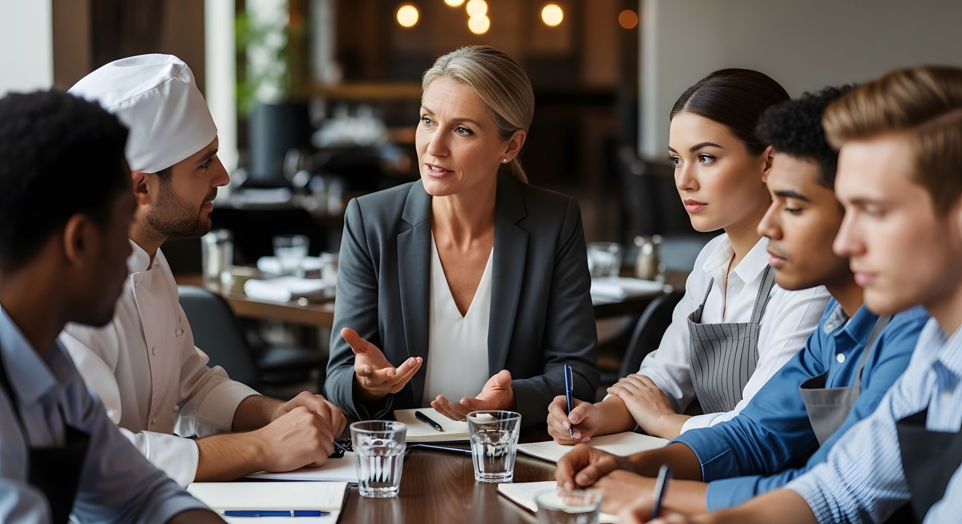 Business meeting with six people seated around a conference table, discussing across the table in an office.