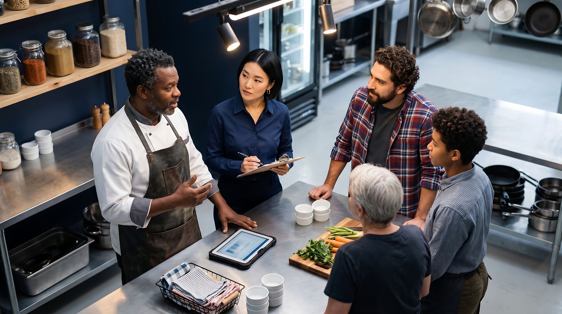 Chefs and guests gathered around a kitchen counter during a cooking demonstration, discussing ingredients.
