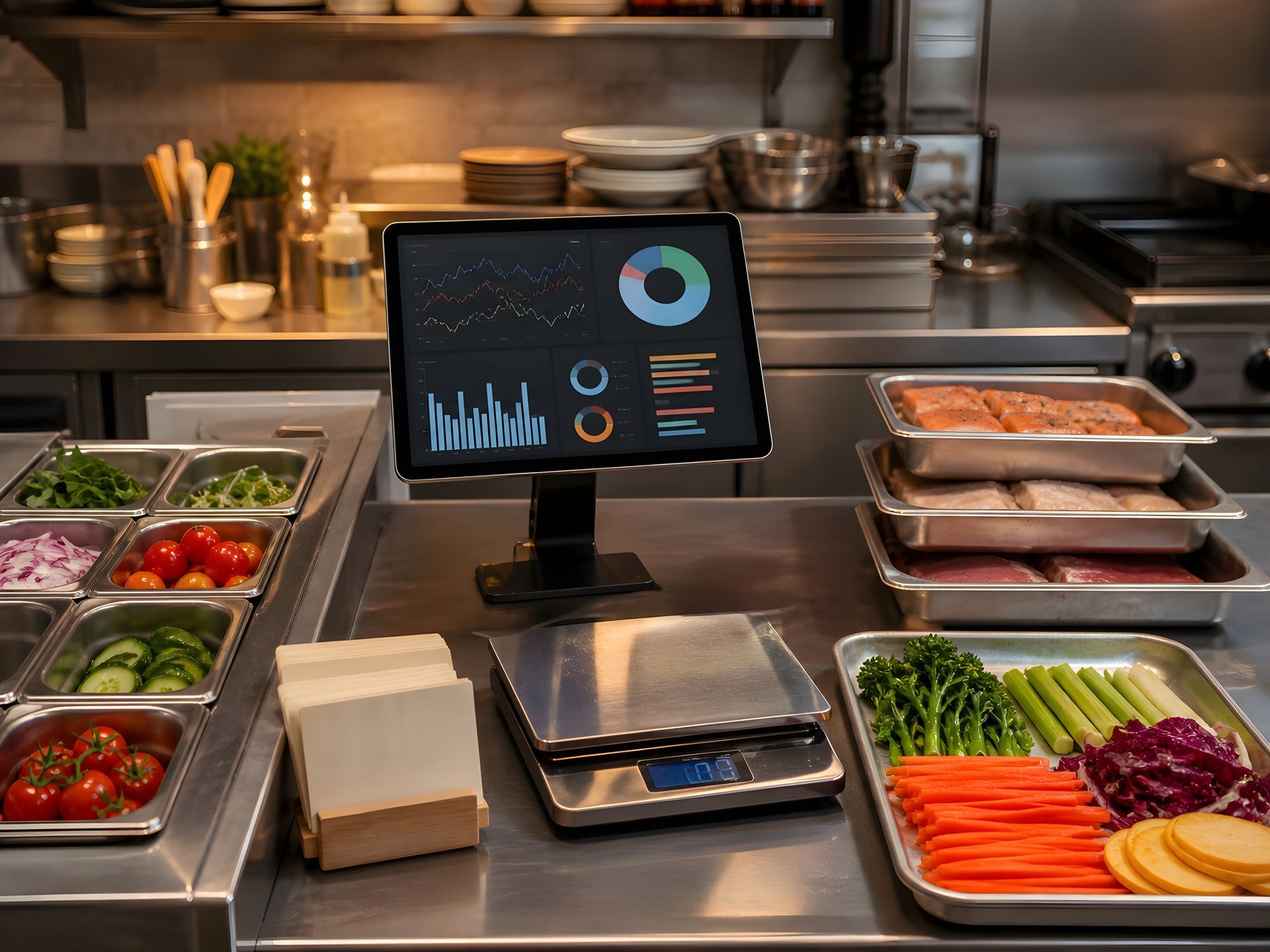 Self-service salad bar with assorted vegetables, sauces, and a digital menu screen