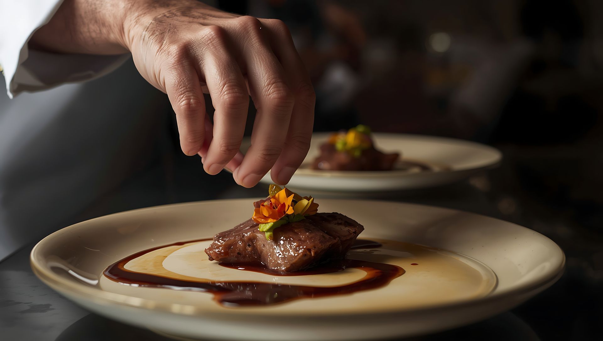 Chef’s hand plating a gourmet dish with sauce and garnish on a white plate
