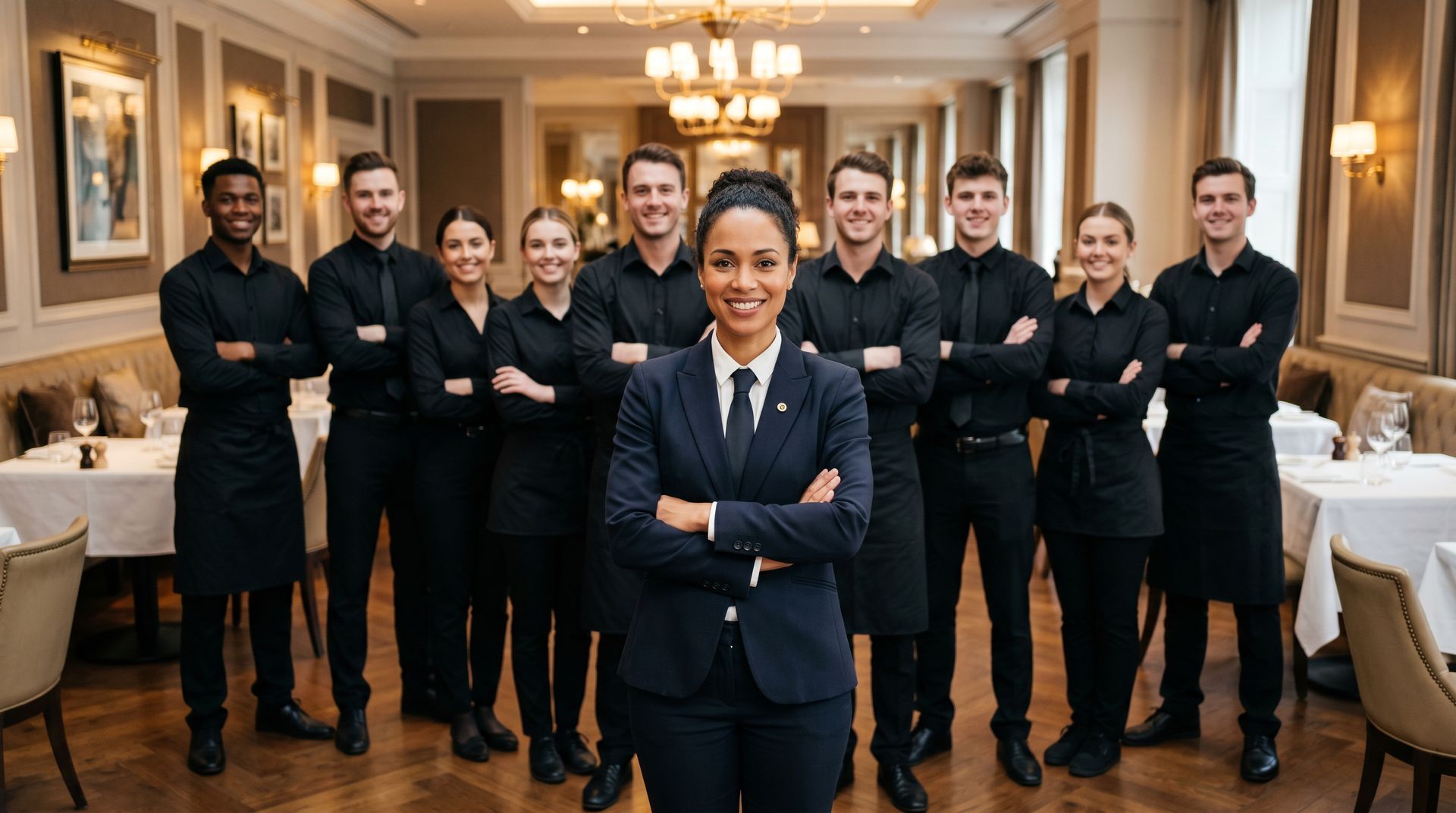 Uniformed hotel staff posing in a formal dining room, with a smiling manager in front.