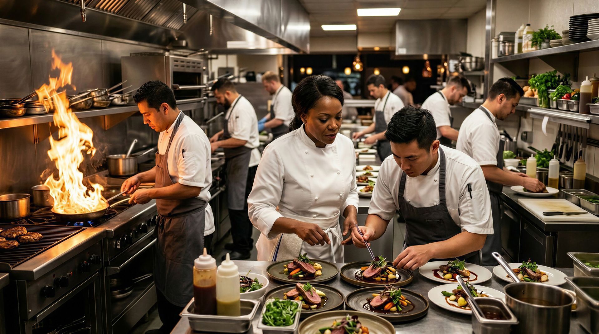 Busy restaurant kitchen with chefs plating dishes beside a flaming stovetop.
