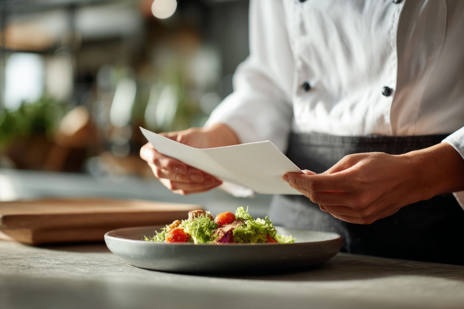 Chef plating a salad in a restaurant kitchen, holding a white plate above the counter