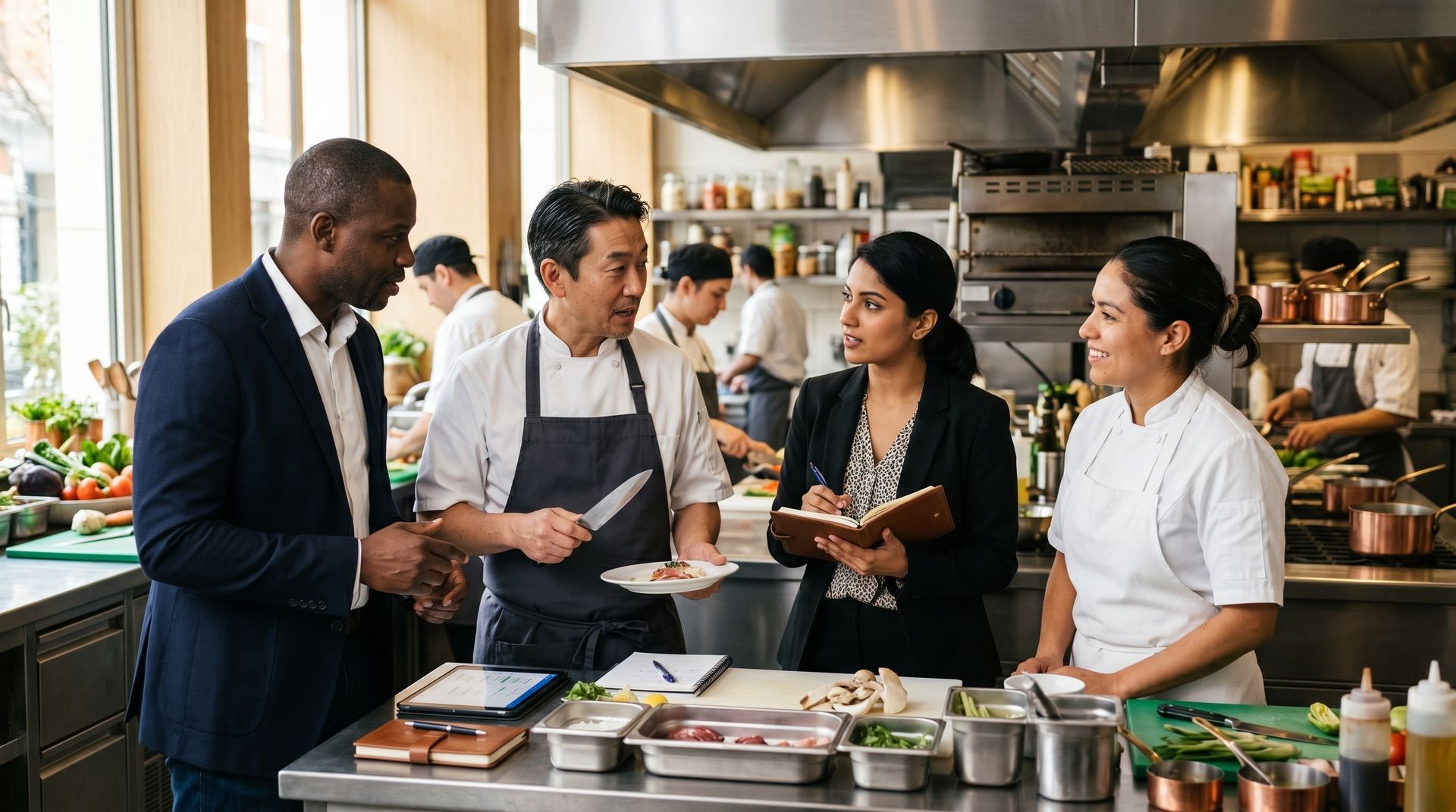 Chefs and staff discussing dishes in a busy commercial kitchen with plated food on the counter