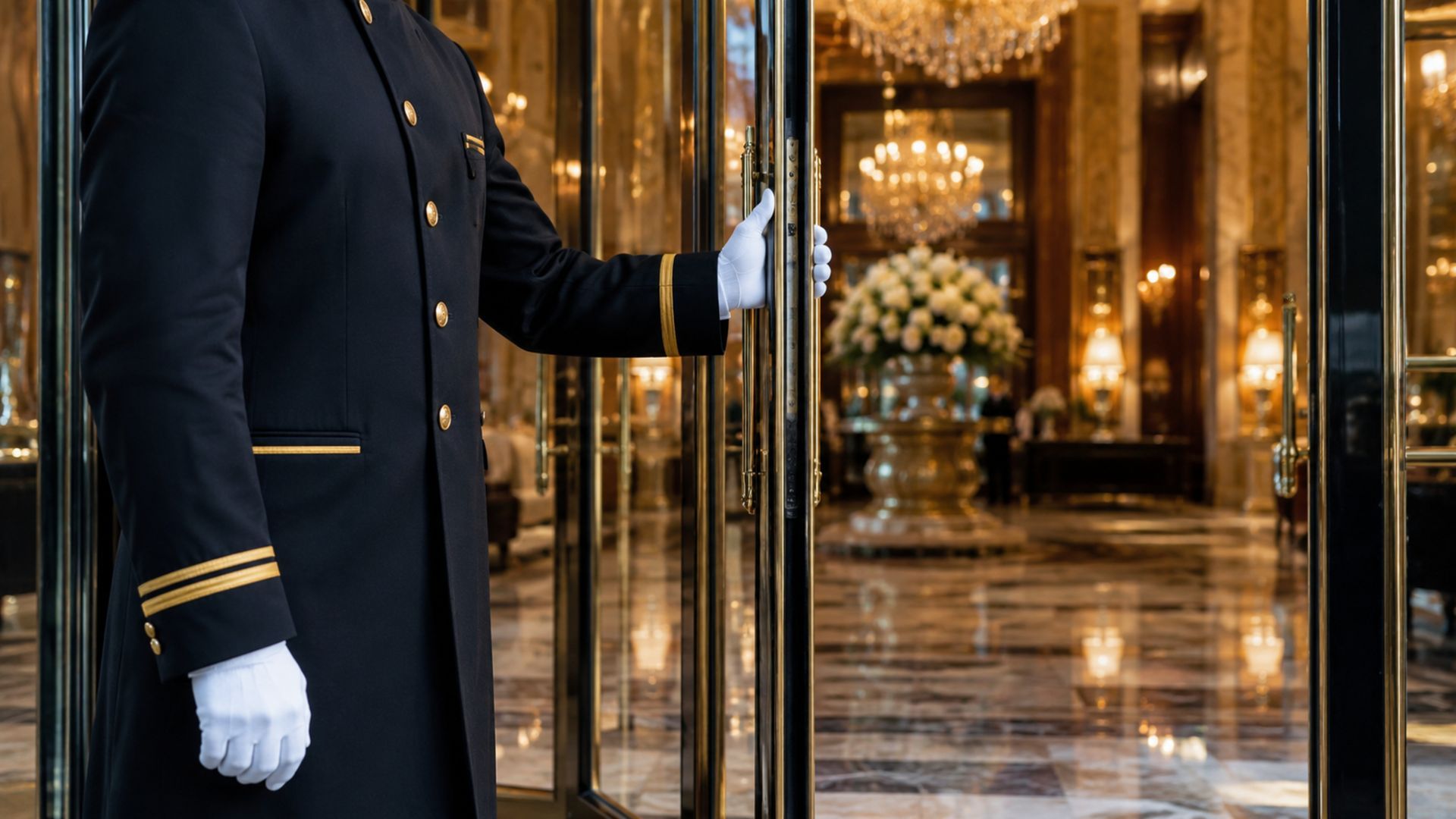 Doorman in dark uniform opening glass hotel doors at a grand, chandelier-lit entrance