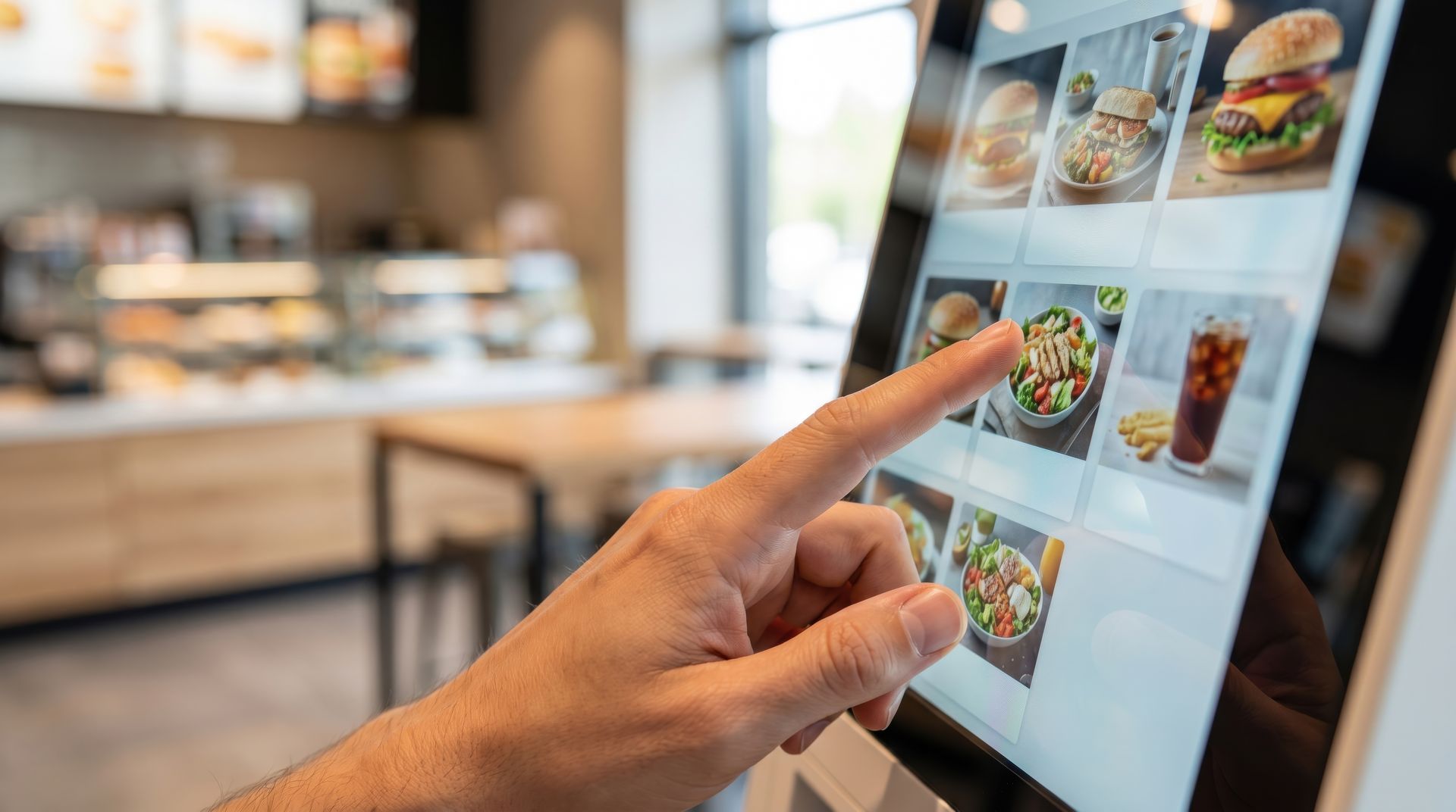 Hand tapping a tablet menu in a bright café, with food photos displayed on screen