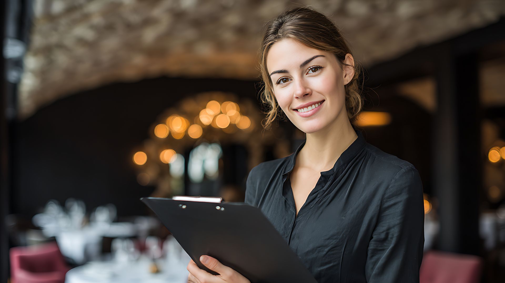 Smiling server holding a clipboard in a warmly lit restaurant