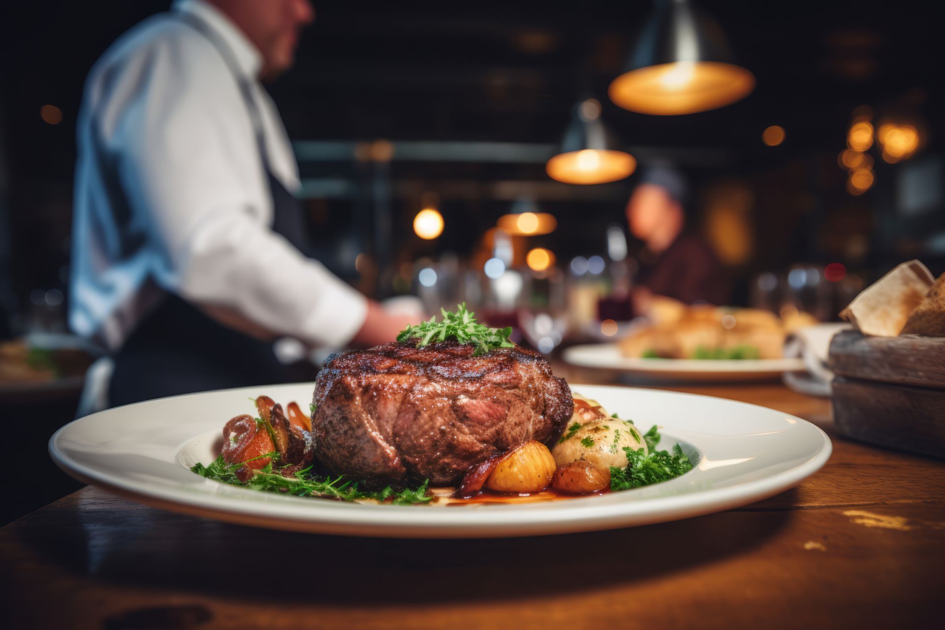 Plated steak dinner on a restaurant table with a chef blurred in the background