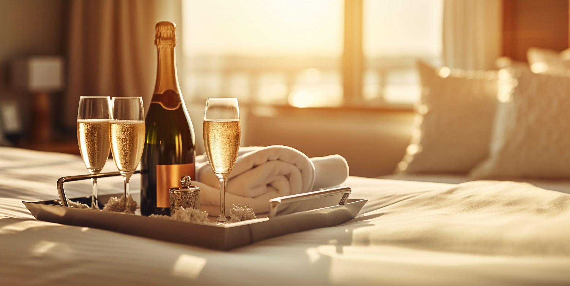 Romantic breakfast tray on a bed with champagne, flowers, and pastries in a sunlit hotel room