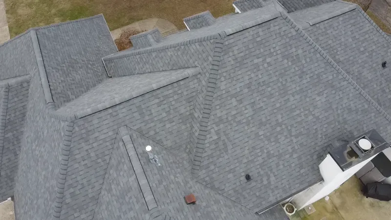 An aerial view of a roof of a house.