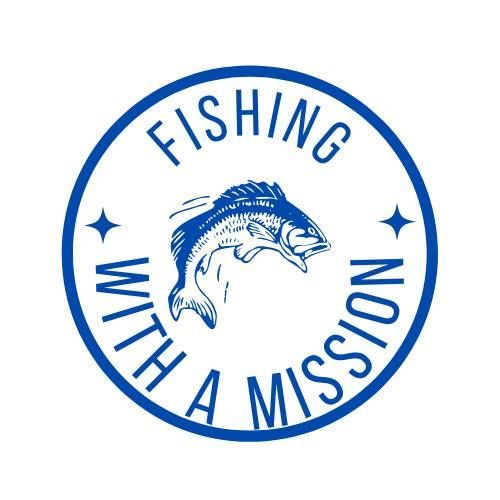A blue fishing with a mission logo with a fish jumping out of the water