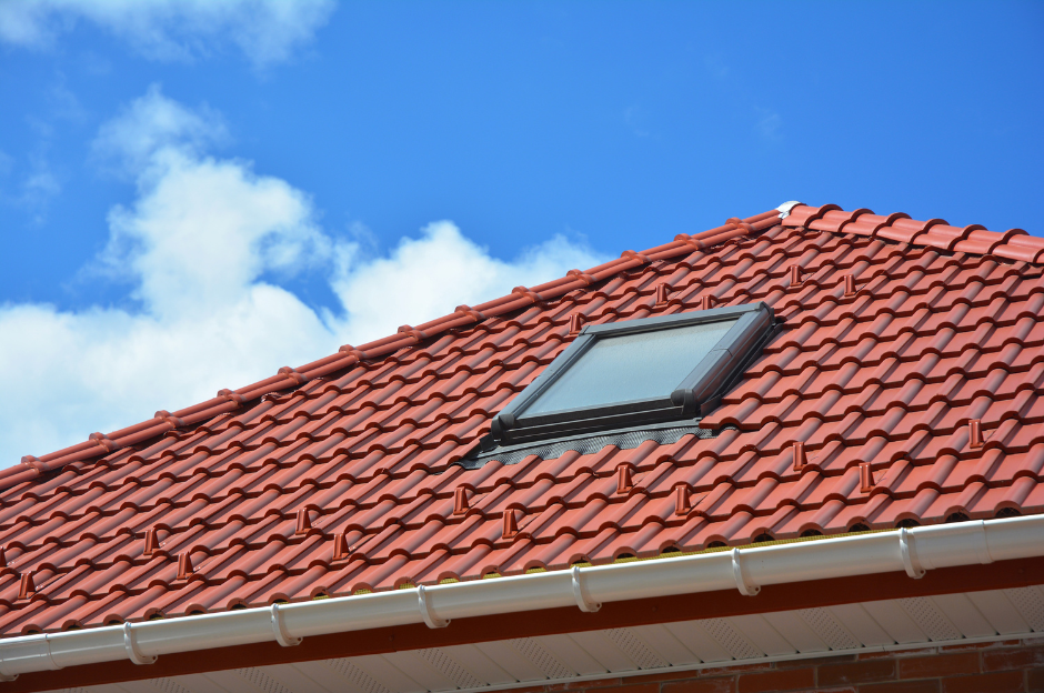 A red tiled roof with a skylight on top of it.