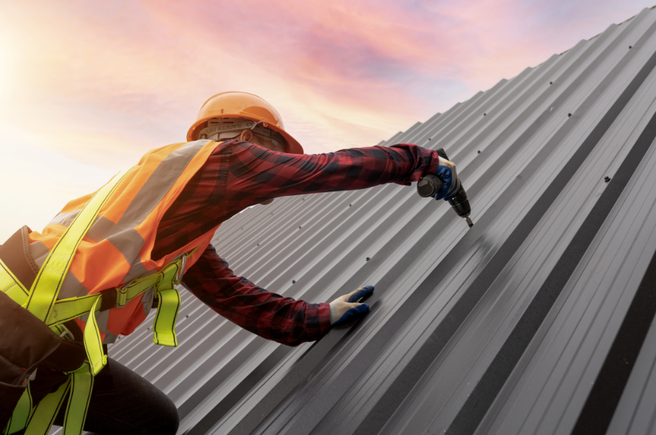 A man is working on a metal roof with a drill.