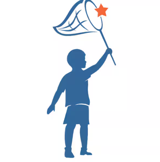 A silhouette of a child holding a flag with a star on it