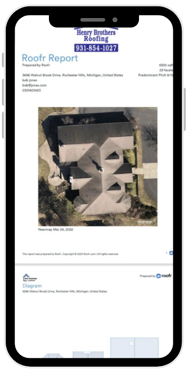 A cell phone with a roof report on it