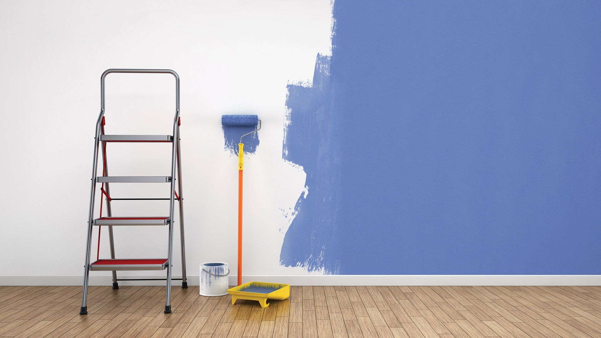 Worker Painting a Large Blue Wall — Bakersfield, CA — Larry Murphy Painting