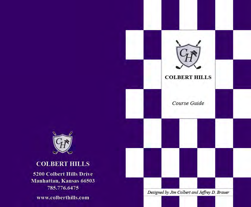 A purple and white checkered brochure for colbert hills golf course.