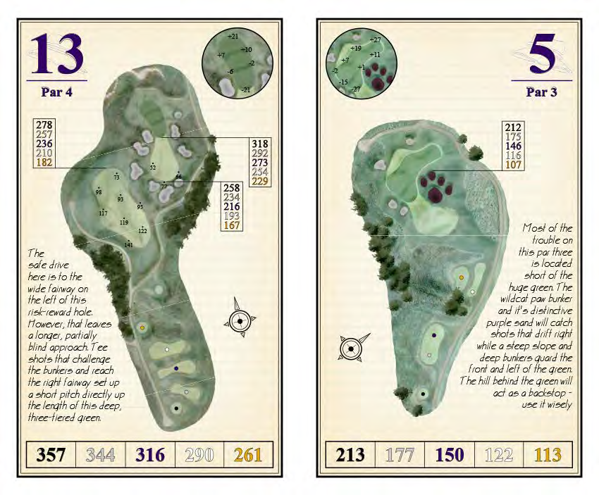 A couple of maps of a golf course with numbers on them.
