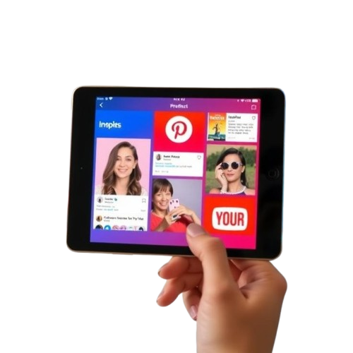 A person holding a tablet with social media apps displayed, including Pinterest and YouTube, with female faces in the display.