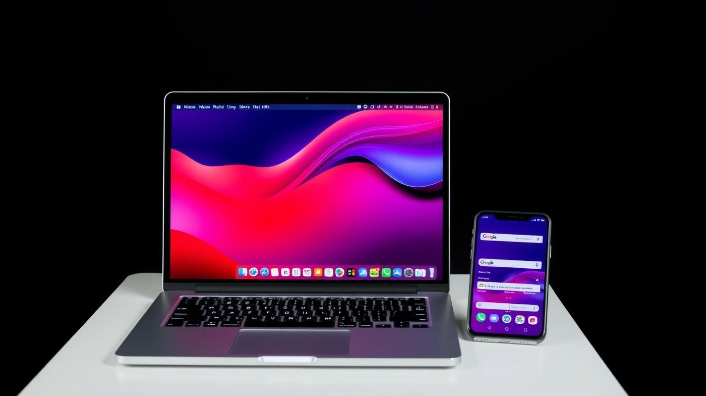 Laptop and smartphone on a white surface, featuring a colorful abstract wallpaper. Black background.