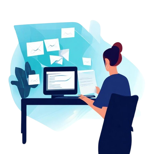 Woman at desk working on a computer, surrounded by floating mail envelopes, and plants.