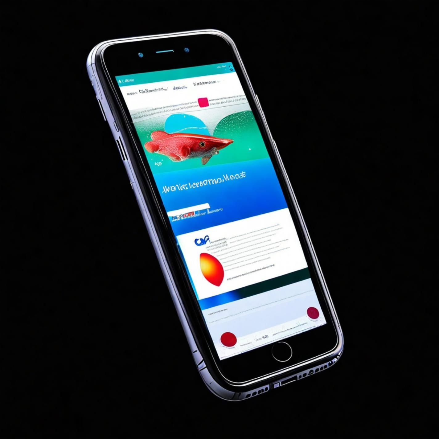 Smartphone displaying a website about fish. A red fish image against a blue background, white text.