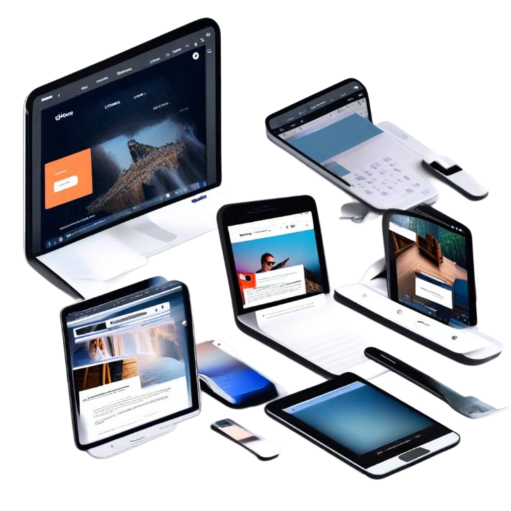 Assortment of digital devices, including laptops, smartphones, and tablets, displaying web pages and app interfaces.