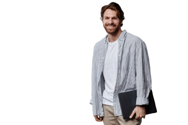 Smiling person holding a laptop, wearing a striped shirt and white tee.