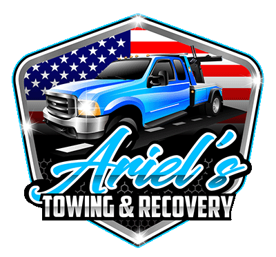 Ariel’s Towing & Recovery logo with a blue tow truck over a U.S. flag background