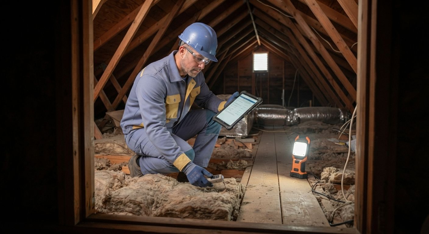 Professional contractor assessing existing attic insulation for a Turlock home service request