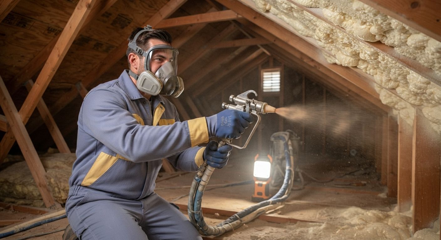 Insulation technician applying spray foam insulation to an attic roof deck in Turlock CA