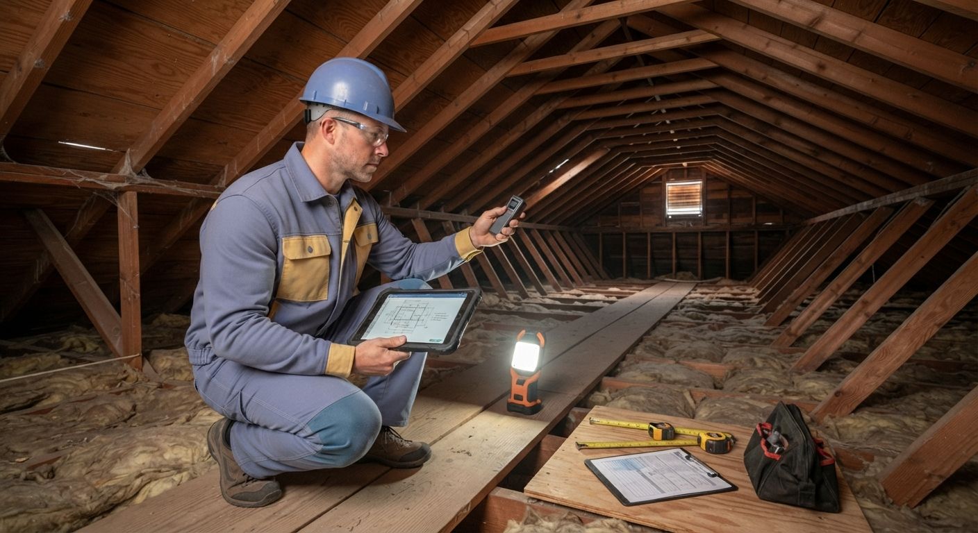 Contractor inspecting attic size and access conditions that affect spray foam insulation cost