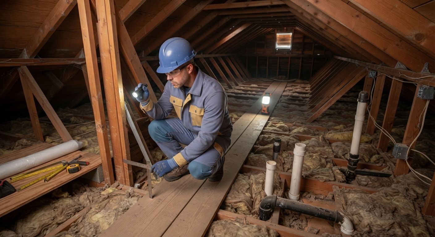 Insulation technician measuring an attic to estimate spray foam insulation requirements