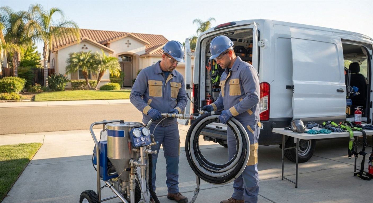 Professional spray foam insulation team preparing equipment for a Turlock home project