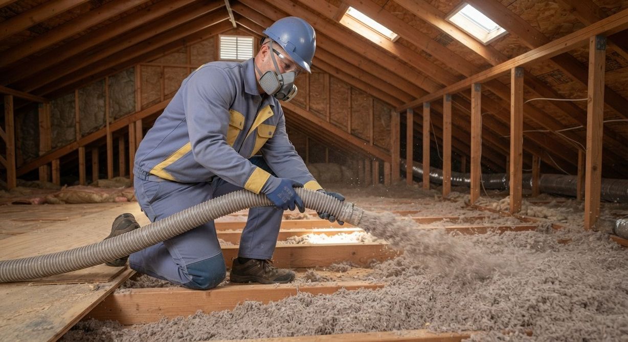 Insulation technician applying blown-in insulation across a residential attic floor