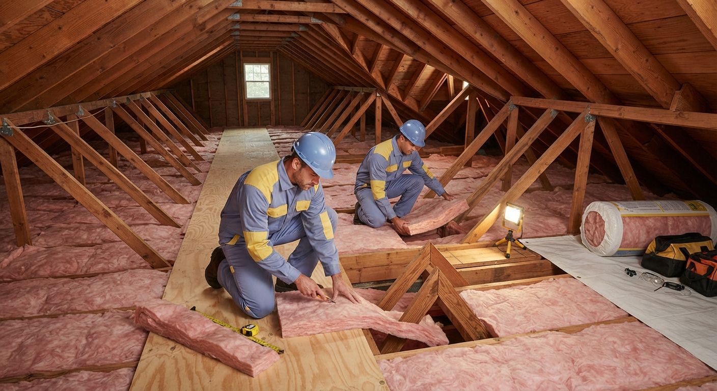 Two insulation technicians installing and fitting attic insulation in a residential home