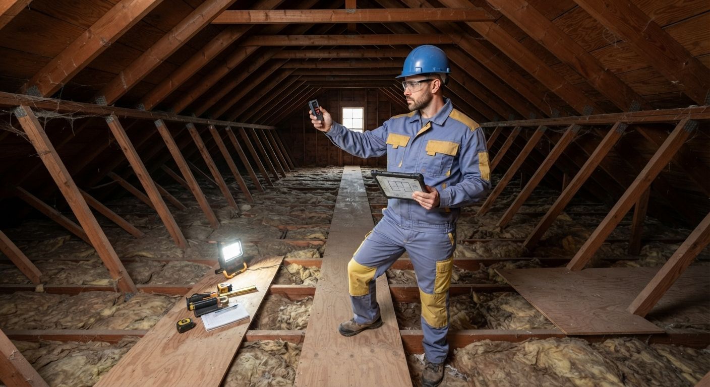 Insulation technician measuring attic space to determine insulation project requirements