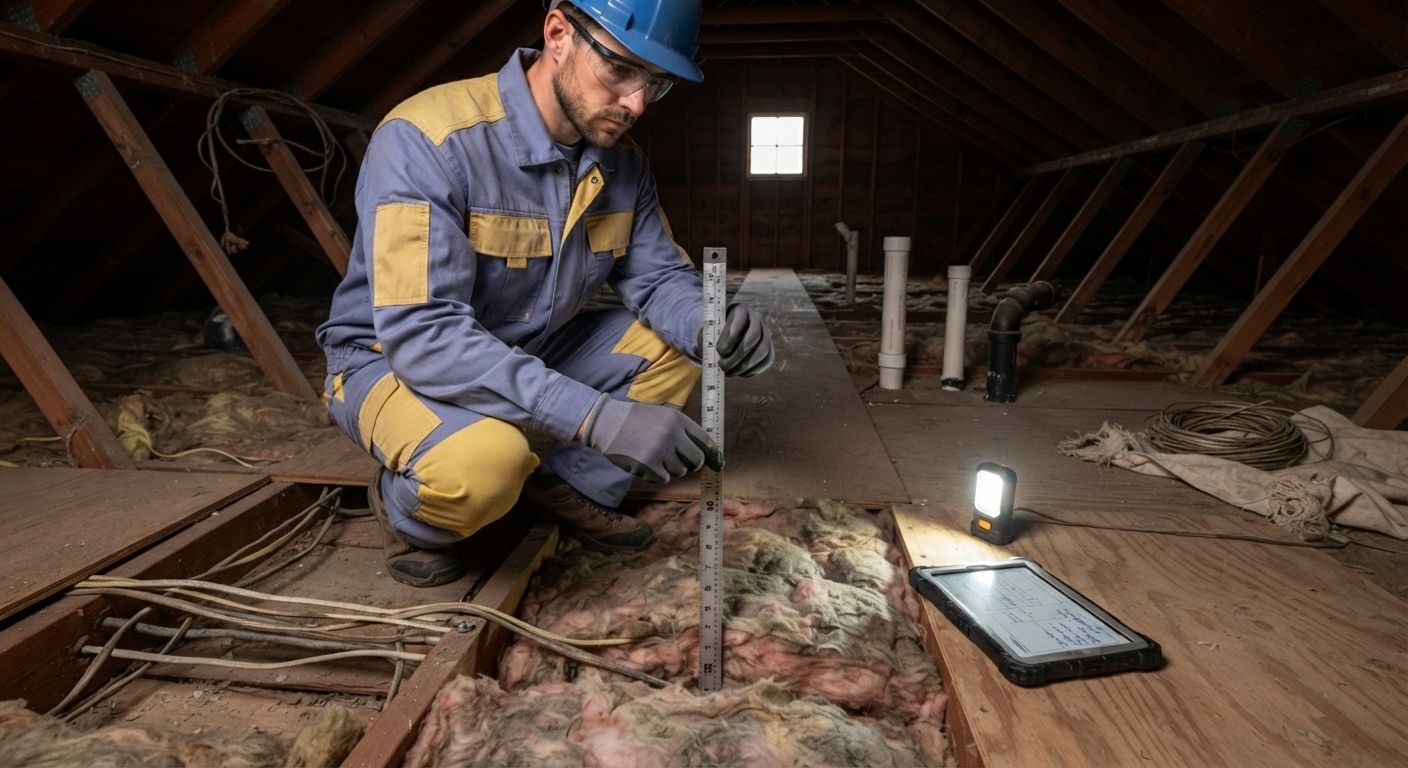 Contractor inspecting existing attic insulation depth and condition before estimating work