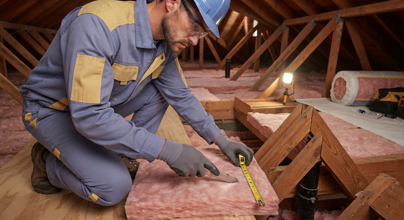 Professional technician carefully fitting attic insulation around residential framing
