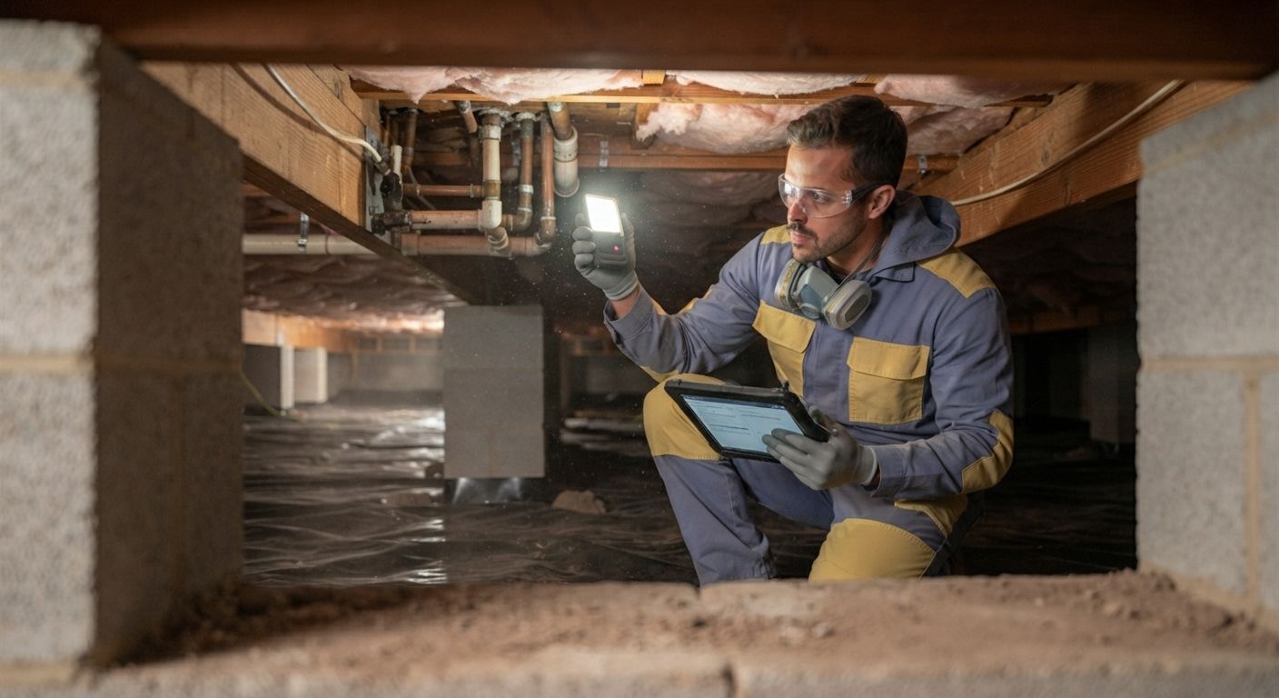 Turlock insulation technician inspecting crawl space conditions before insulation work