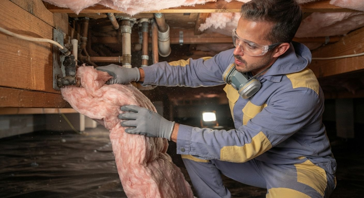 Professional crawl space insulation fitted carefully around plumbing and floor framing
