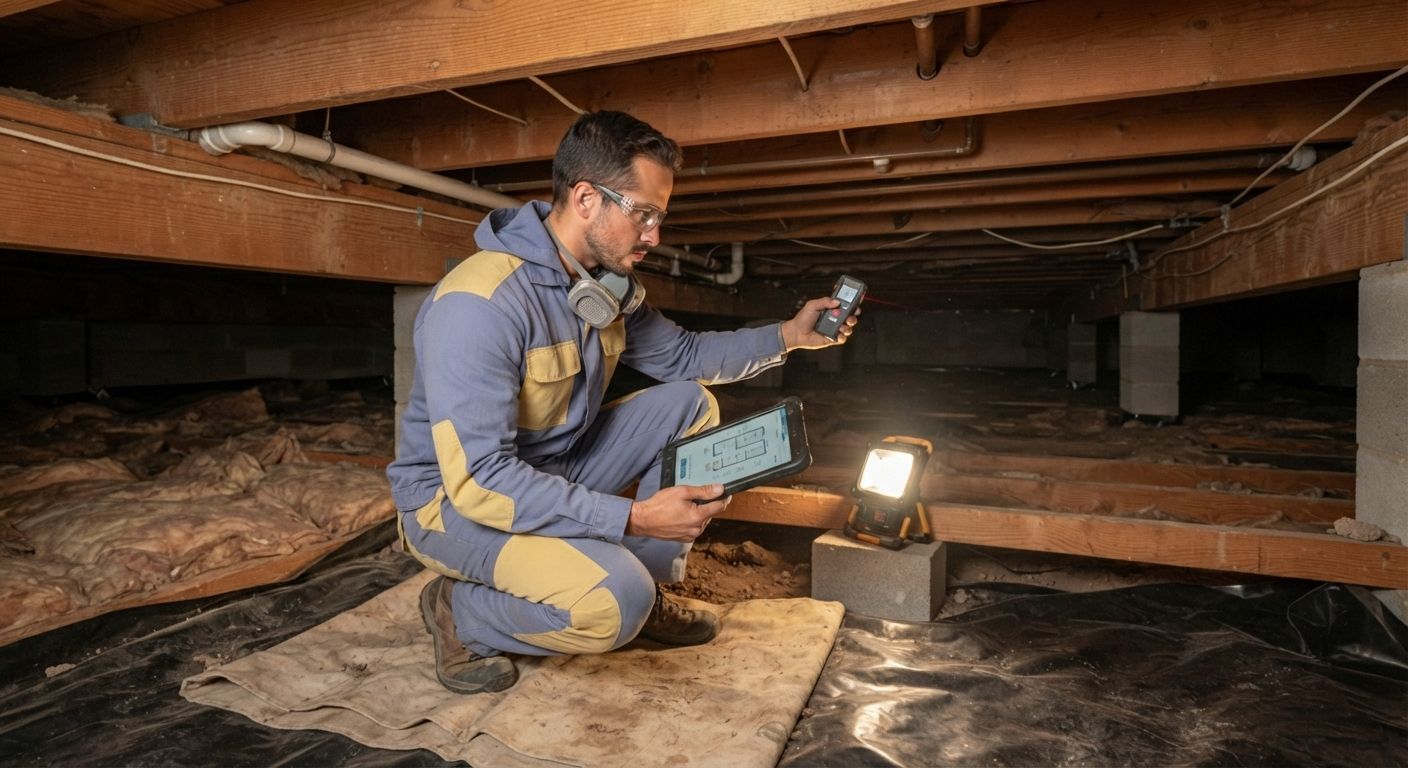 Insulation technician measuring crawl space dimensions before insulation installation