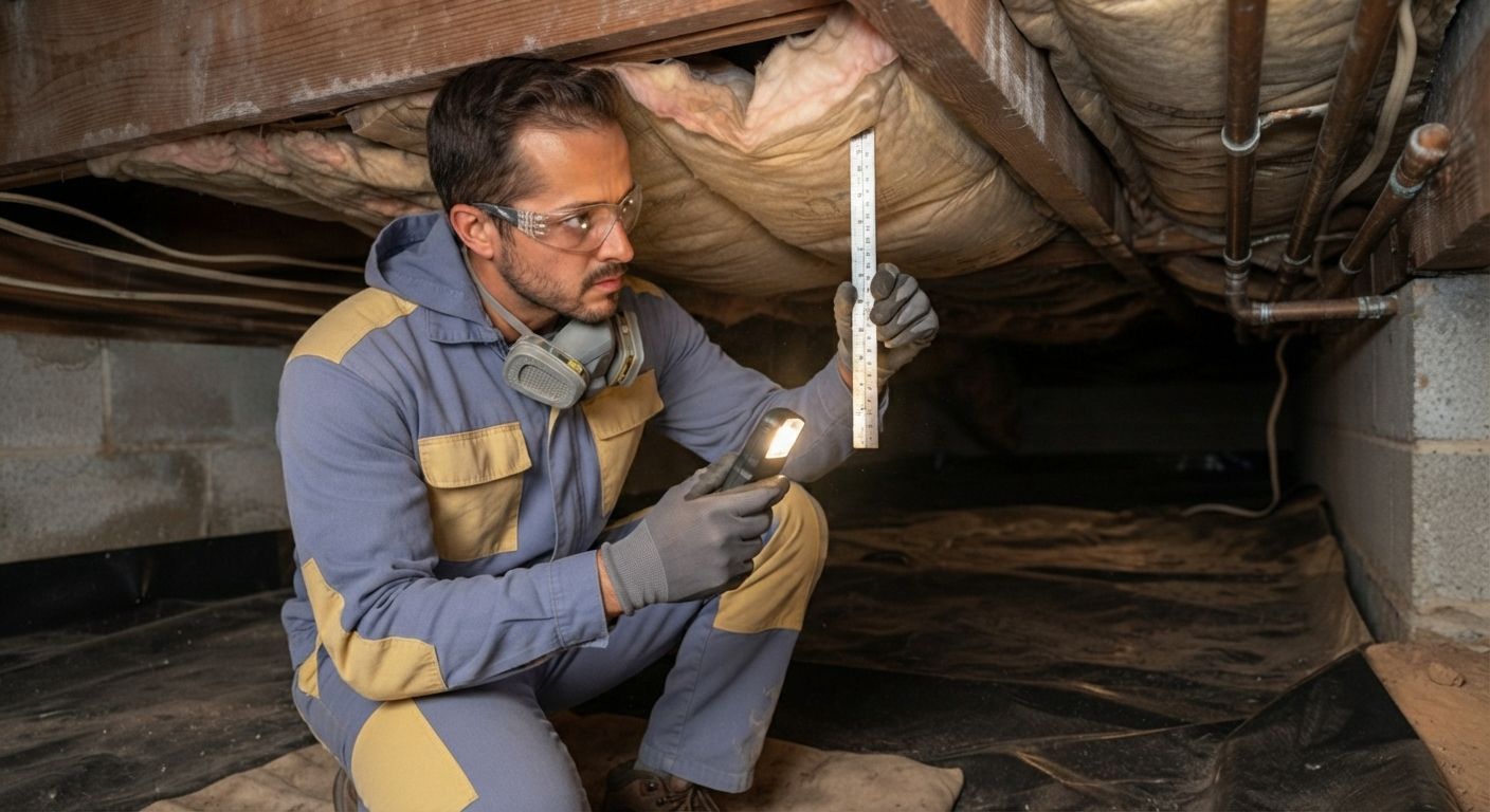 Insulation technician evaluating limited crawl space access before installation