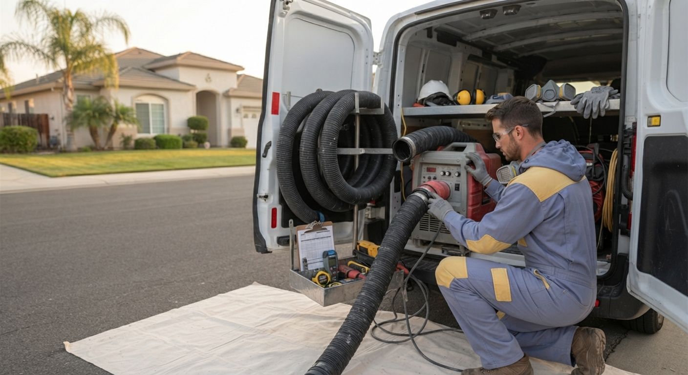 Trained insulation technician preparing professional equipment for a Turlock home project