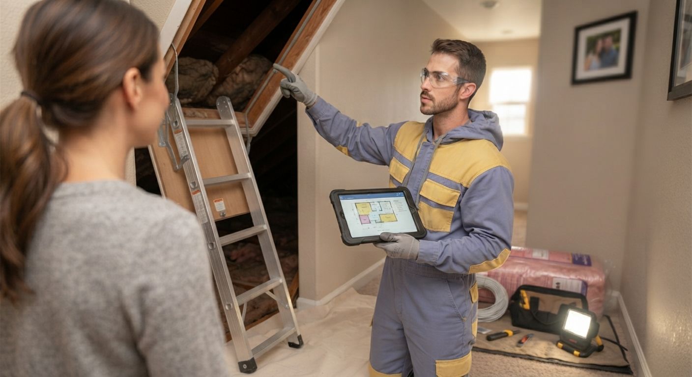 Insulation technician explaining planned attic insulation work to a homeowner
