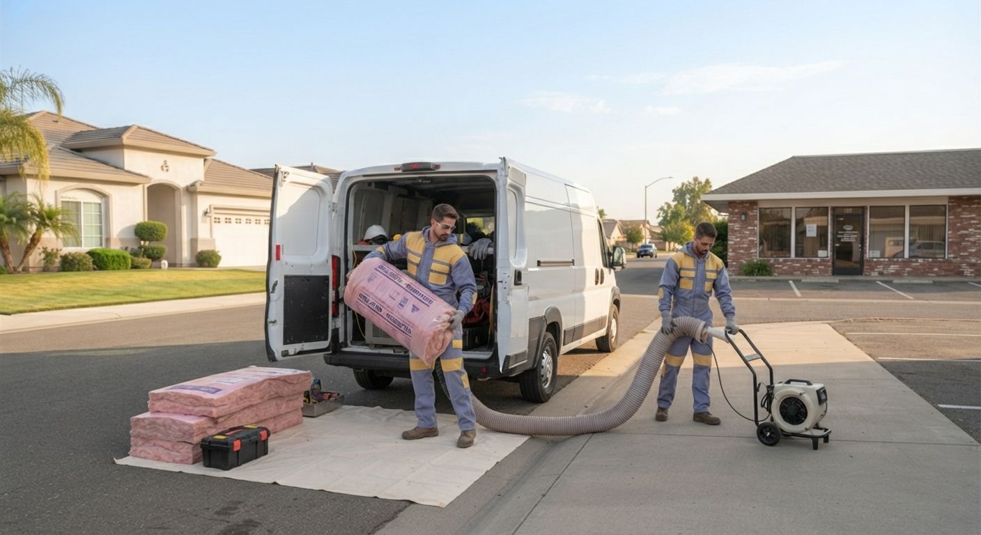 Insulation technician completing an initial home walkthrough after a Turlock service inquiry