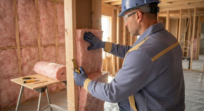 Professional installing fiberglass insulation between exposed residential wall studs
