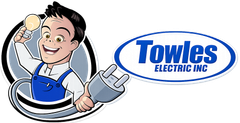 Towles Electric Inc. logo with a smiling electrician holding a light bulb and plug